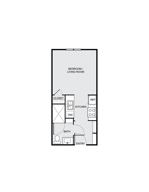 Floor plan for studio, 1 bath, 385 sqft